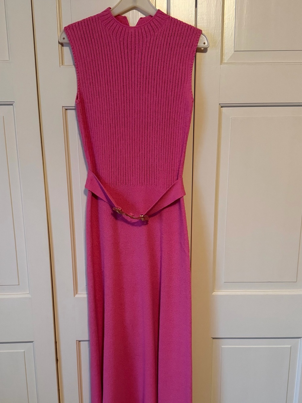 Vintage 1960s Sleeveless Ribbed Knit Maxi Dress in Bright Pink